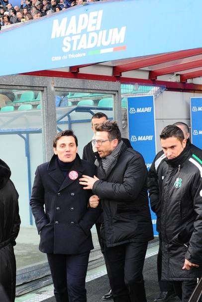 Vincenzo Montella ed Eusebio Di Francesco a colloquio prima della partita: i due sono stati compagni di squadra prima a Empoli e poi a Roma. LaPresse